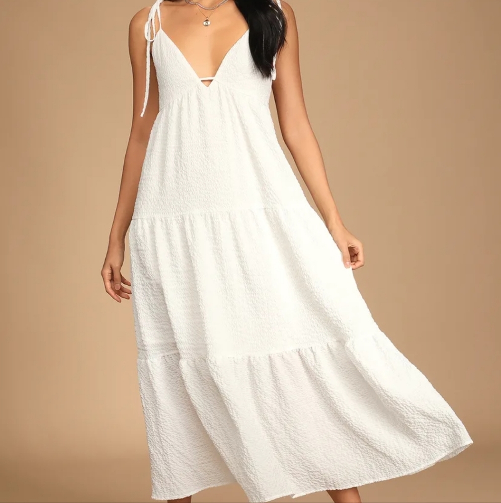 Lulus Let the Sun Beam White Tie-Strap Tiered Midi Dress With Pockets